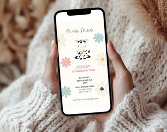 Moo Moo, j'ai deux anniversaire numérique, Invitation de fête à la ferme modifiable mignonne pour le 2e anniversaire, téléchargement numérique. d69.01a