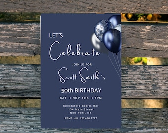 Balloon Birthday Invite,  Blue Birthday Invitation, Editable Template, Instant Download, Lets Celebrate Birthday Invite. I17