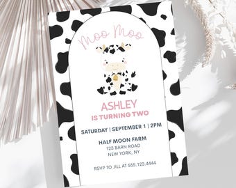 Moo Moo j'ai deux anniversaires, faire-part animaux de la ferme modifiable pour le 2e anniversaire, modèle à téléchargement immédiat. d69.02