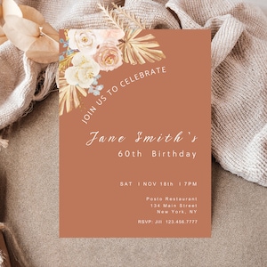 Terracotta Boho Floral invitation, Burt Orange invitation, Autumn Invite template, boho invitation, Boho floral invite template - I22