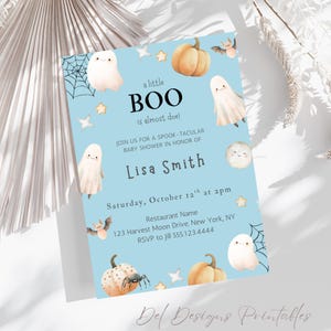 A Little Boo Is Almost Due Halloween Baby Shower Invitation, Editable Spooky Invitation Template for Baby Boys. D65.01
