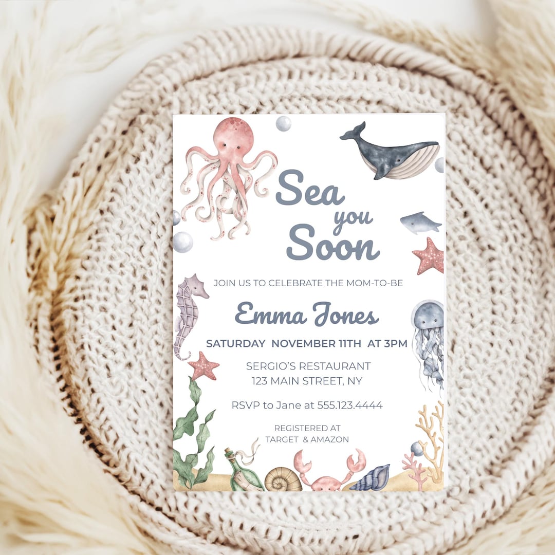 Sea You Soon Baby Shower Invitation, Ocean Theme Invite, Editable Canva ...