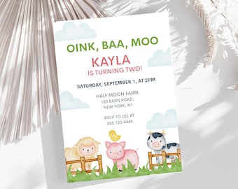Farm Animals 2nd Birthday Invitation: Oink Baa Moo Theme (Digital Download, 5x7" Canva Template)