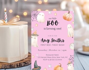Girl's Halloween First Birthday Invitation: Spooky Pumpkin Design. d65