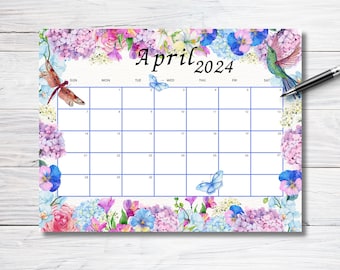 EDITABLE April 2024 Calendar, Beautiful Spring wall calendar, 2024 Watercolor Floral Calendar, Printable Monthly Schedule Kids School Work