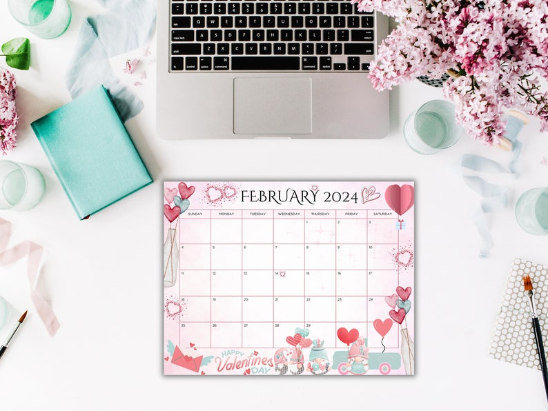 EDITABLE February 2024 Calendar, Sweet Valentine 2024 With Cute Gnomes