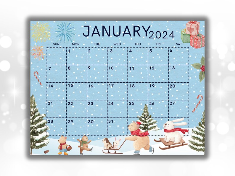 Editable January 2024 Calendar, Cute & Fun Snowing Winter Jan 24 Printable Editable Kids School