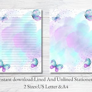 Papel de escritura imprimible mariposa púrpura, papelería IMPRIMIBLE, papelería imprimible, papel de escritura de cartas, juego de escritura, papel de notas, amigo por correspondencia