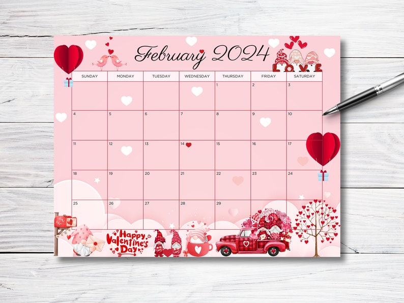 EDITABLE February 2024 Calendar, Sweet Valentine 2024 With Cute Gnomes