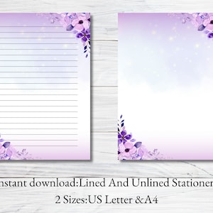 Purple Floral Letter Writing Paper: Lined & Unlined (Digital Download)