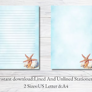Sea Shell Ocean Papelería imprimible Acuarela Papelería de verano Papel de escritura Carta de playa Papel de escritura A4 Carta de EE. UU. Descarga instantánea