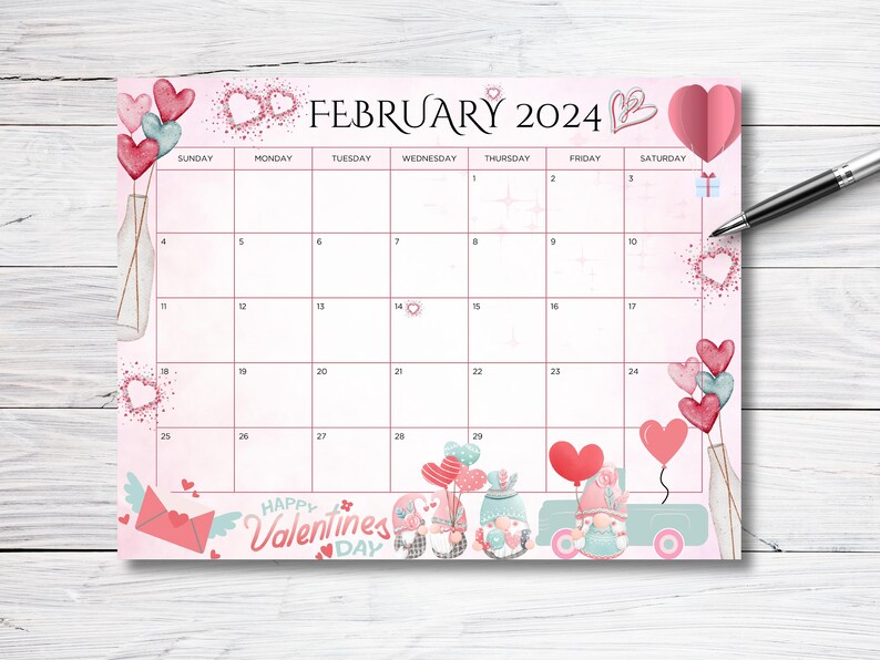 EDITABLE February 2025 Calendar, Sweet Valentine 2025 With Cute Gnomes