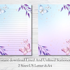 Papelería imprimible con mariposas moradas, papel para escribir con hojas, papel para escribir cartas sobre vida silvestre, tamaño A4, descarga instantánea, naturaleza botánica