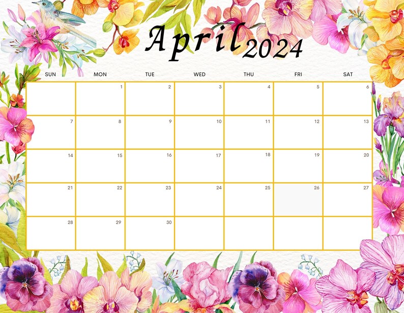 EDITABLE April 2024 Calendar, Beautiful Spring Wall Calendar, 2024