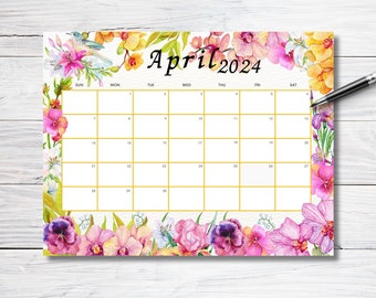 EDITABLE April 2024 Calendar, Beautiful Spring wall calendar, 2024 Watercolor Floral Calendar, Printable Monthly Schedule Kids School Work