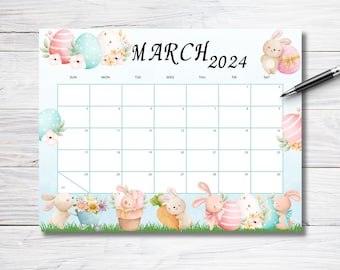 Calendrier de mars 2024 modifiable avec un arrière-plan de Pâques, joyeux Pâques, calendrier scolaire pour enfants, calendrier de classe imprimable