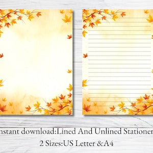 Papelería imprimible con hojas de otoño, papelería con hojas de otoño, papelería con diseño de bosque, tamaño A4 y carta de EE. UU., con líneas y en formato PDF de descarga instantánea