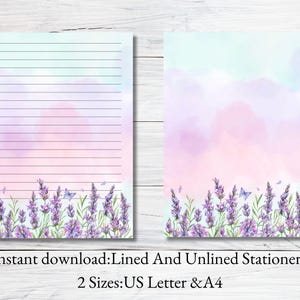 Papelaria para impressão de lavanda, papelaria de flor roxa, papel de carta botânico, papel de carta floral, papel de carta A4 dos EUA, download instantâneo