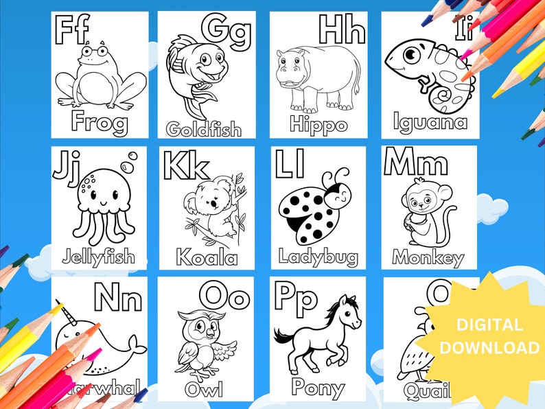 Animal Alphabet Coloring Pages, Printable ABC Animal Coloring Book