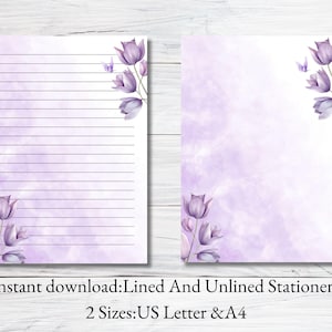 Papelería imprimible con flores moradas, flores de primavera, papel de escritura primaveral, papel de cartas florales, tamaño A4, tamaño carta de EE. UU., descarga instantánea