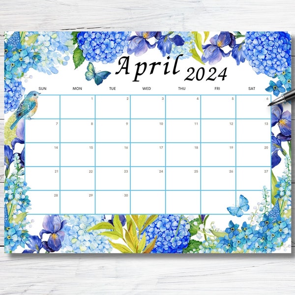 EDITABLE April 2024 Calendar, Beautiful Spring wall calendar, 2024 Watercolor Floral Calendar, Printable Monthly Schedule Kids School Work