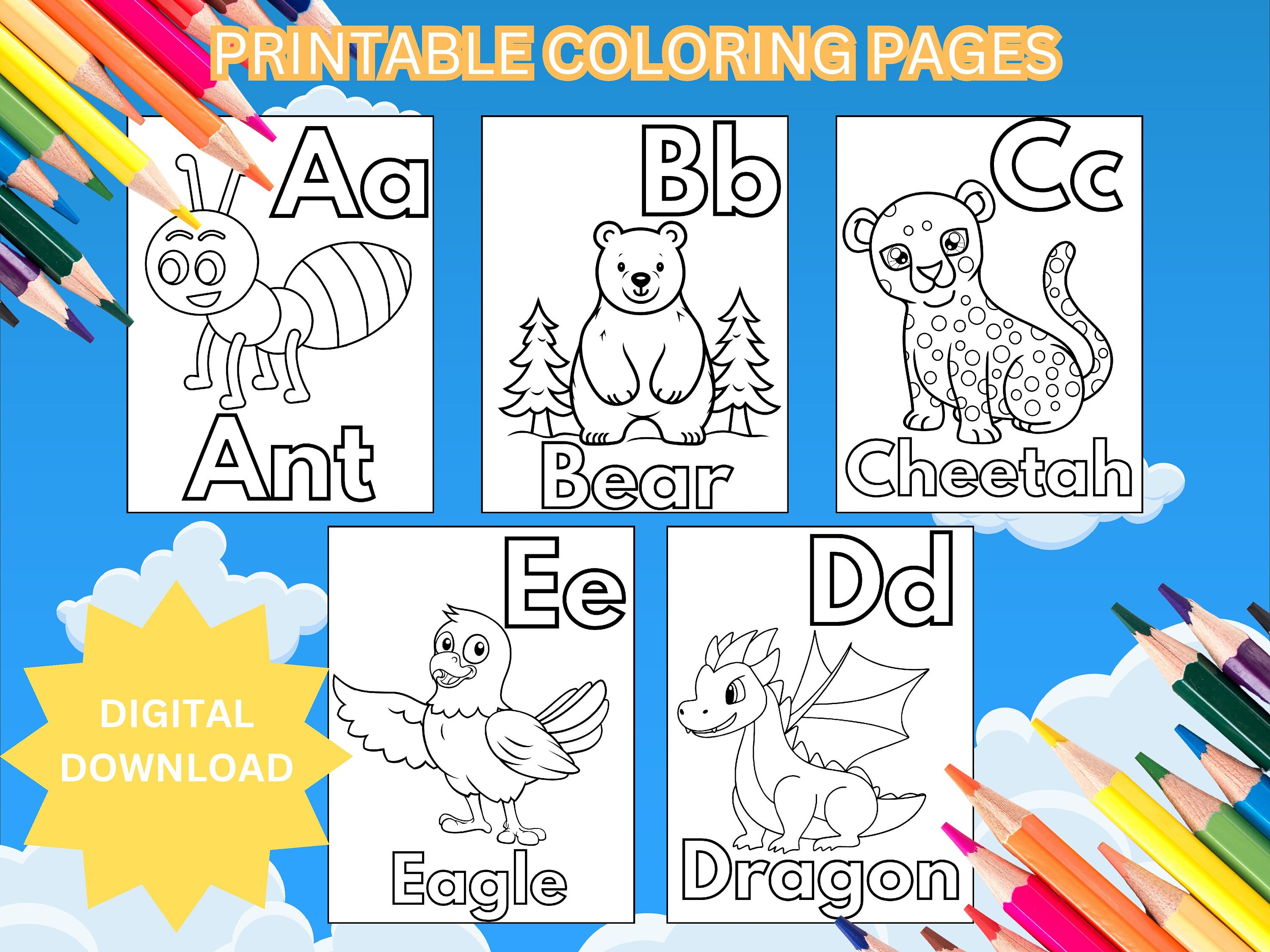 Animal Alphabet Coloring Pages, Printable ABC Animal Coloring Book