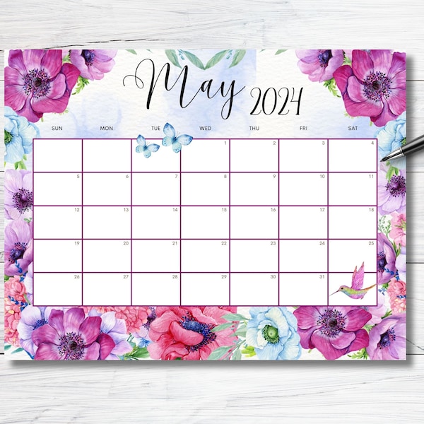 EDITABLE May 2024 Calendar, Beautiful Spring wall calendar, 2024 Watercolor Floral Calendar, Printable Monthly Schedule Kids School Work