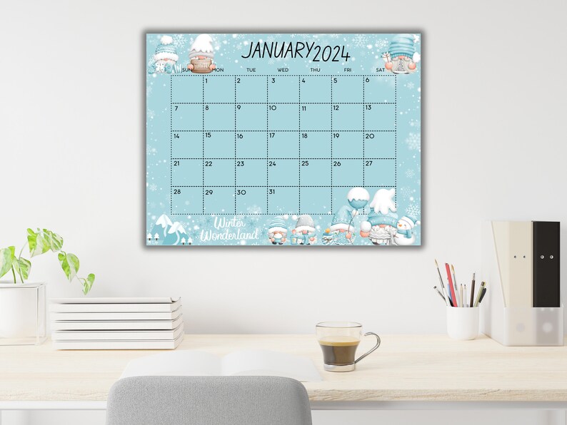 EDITABLE January 2025 Calendar, Beautiful Winter With Cute Gnomes, New