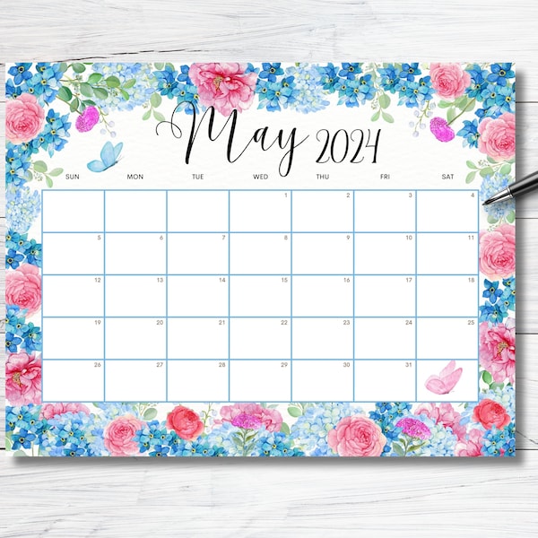 EDITABLE May 2024 Calendar, Beautiful Spring wall calendar, 2024 Watercolor Floral Calendar, Printable Monthly Schedule Kids School Work