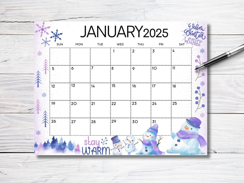Editable January Calendar 2025, Printable Wall Calendar 2025, Cute Calendar With Winter Snow