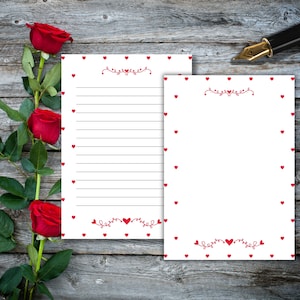Papel para escribir cartas de San Valentín, descarga digital, papelería con forma de corazón flotante, papelería imprimible, tamaño A4, carta de EE. UU., con rayas y sin rayas