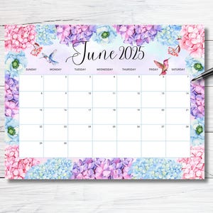 EDITABLE June 2025 Calendar, Beautiful Spring wall calendar, 2025 Watercolor Floral Calendar, Printable Monthly Schedule Kids School Work