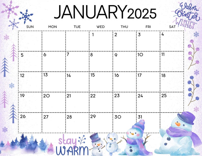 Editable January Calendar 2025, Printable Wall Calendar 2025, Cute Calendar With Winter Snow