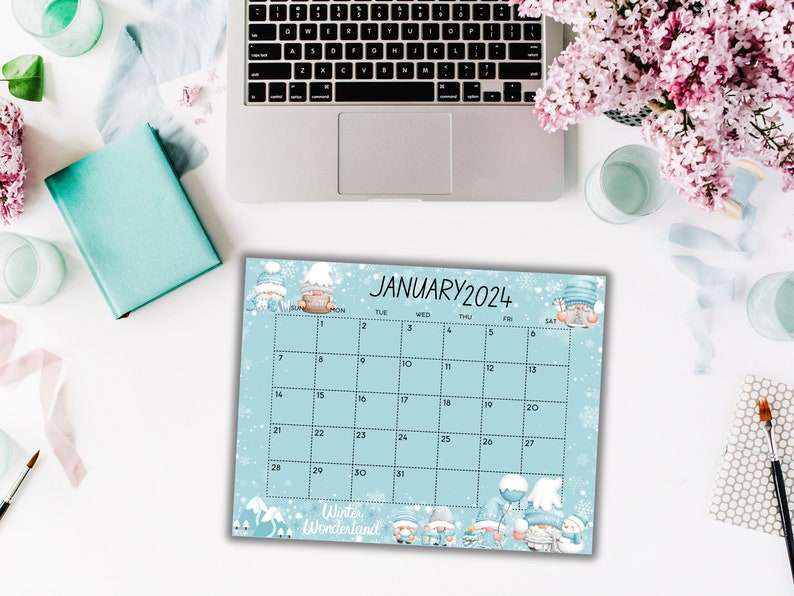 EDITABLE January 2025 Calendar, Beautiful Winter With Cute Gnomes, New