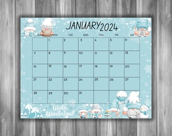 EDITABLE January 2024 Calendar, Beautiful Winter with Cute Gnomes, New Year 2024 Planner for Kids School Home Work Office, Instant Download