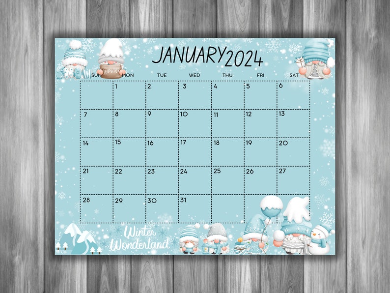 EDITABLE January 2024 Calendar, Beautiful Winter With Cute Gnomes, New