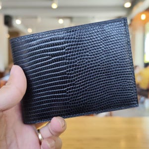 Black Lizard Bifold Wallet for Men | Handmade Leather Wallet | Saddle Stitched Slim Wallet | Luxury Gift for Him
