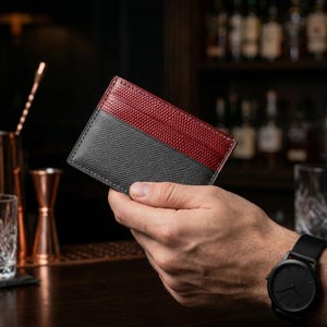 Hand-stitched Burgundy Lizard & Black Epsom Leather Card Holder Wallet