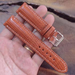 Handgjort klockarmband för Lizard | Skräddarsytt orange klockarmband för män | Läderarmband | Lyxgåva