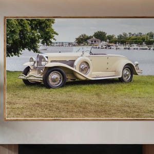 May include: A framed artwork featuring a vintage cream-colored car parked on grass near a body of water. The artwork hangs above a fireplace with a modern design, flanked by two orange armchairs. A large potted plant and a round ottoman are in the foreground.