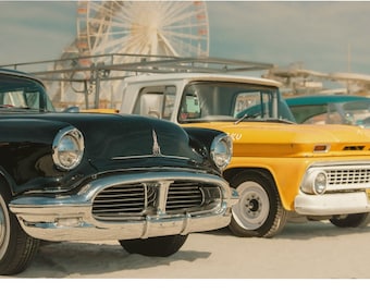 Boardwalk Classics - Vintage American Trucks and Cars at the Beach - Nostalgic Automotive Photography Print Wall Art Deco Ferris Wheel
