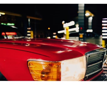 Neon Glow - Red Classic Mercedes SL in the City Night - Urban Car Photography Print - Nostalgic Automotive  Wall Art Deco