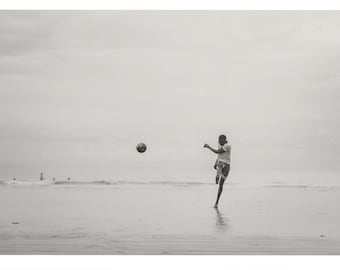 Coastal Kick - Beach Football in Monochrome - Soccer Sports Photography Print Modern Photo Print