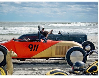 1920s Ratrod Beach Drag Race: Vintage TROG Action – Red & Gold Highlights Amid Ocean Blue 911 Art Photo Print