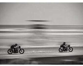 Monochrome Adrenaline: Motorcycles Drag Racing on Beach - Exclusive Shot from The Race of Gentlemen TROG retro photo poster art print