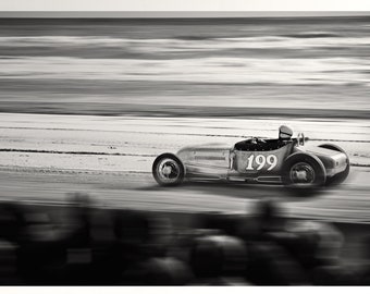 Beach Drag Race Art Print: Chrome Rat Rod #199 Amidst Ocean, Beach, Sand - Perfect Fusion of Vintage Americana