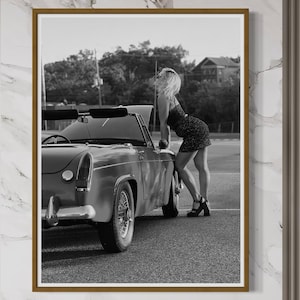 Fine Art Classic Car MG Midget Wall Art – Black & White Photography Print, Pin up Girl Decor, Home Accent Gift, gift for her, gift for him
