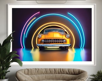 Retro Neon Car Poster - Electrifying Classic Car Fine Art - Dynamic Wall Decor for Modern Home and Office Spaces Wall Art Print