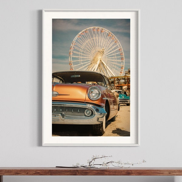 Retro Vibes: Classic American Cruiser and Ferris Wheel arcade Wildwood Nostalgia - Vintage Car Art Decor Mood Wall Accent Photo Print Poster