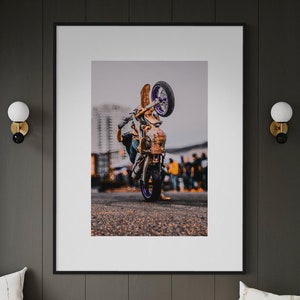 Fine Art Print - Purple Motocross Wall Art, Motorcycle Wheelie, Dirt Bike Print, Poster for Extreme Sports, Bedroom Decor, Gift Ideas